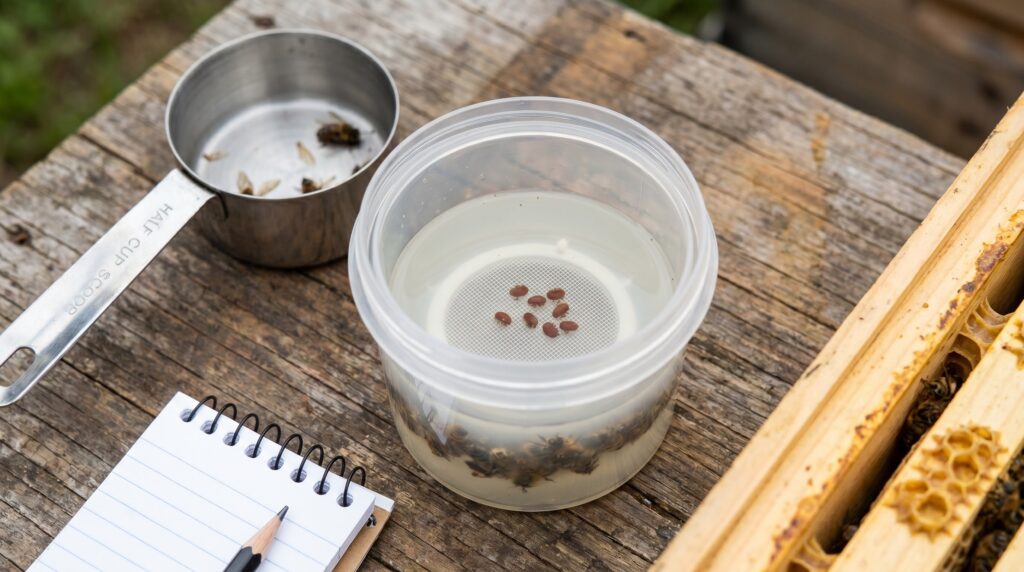varroa mite alcohol wash showing reddish mites separated from a half-cup honey bee sample