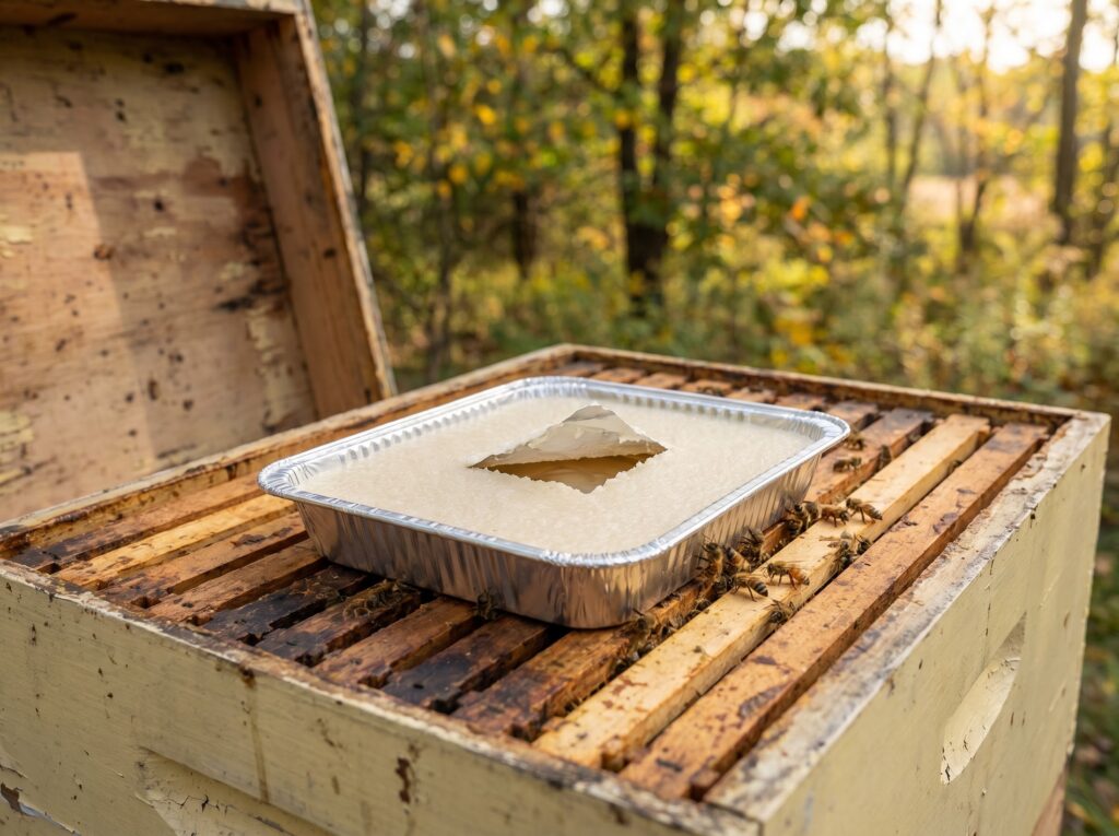 Apiguard thymol gel tray placed open on top of frames inside a Langstroth hive for late-summer varroa treatment