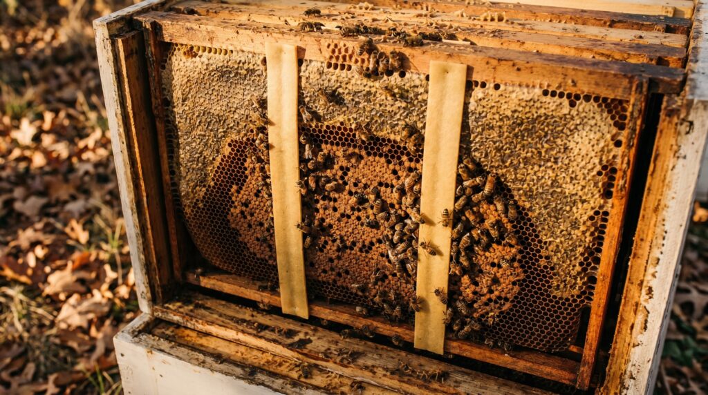 Apivar amitraz strips hanging between brood frames in a Langstroth hive prepared for fall varroa treatment