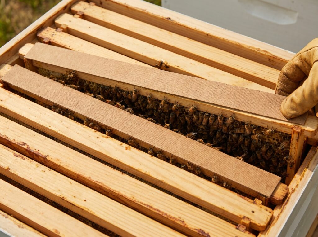Formic Pro strips placed across top bars of a brood box with bees clustered between frames