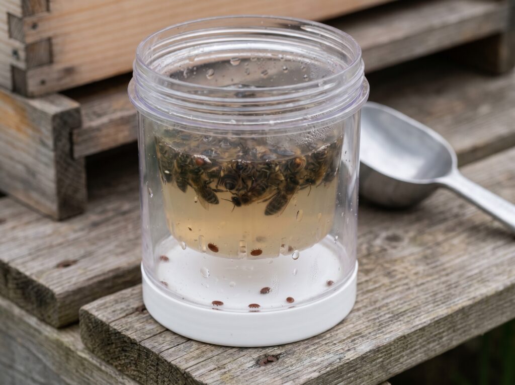 alcohol wash jar with a half-cup bee sample and settled varroa mites for a mite count