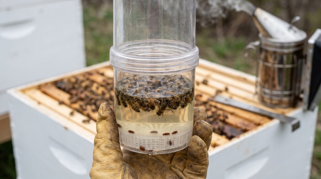 Alcohol wash varroa mite test cup showing counted mites dropped from a half-cup bee sample