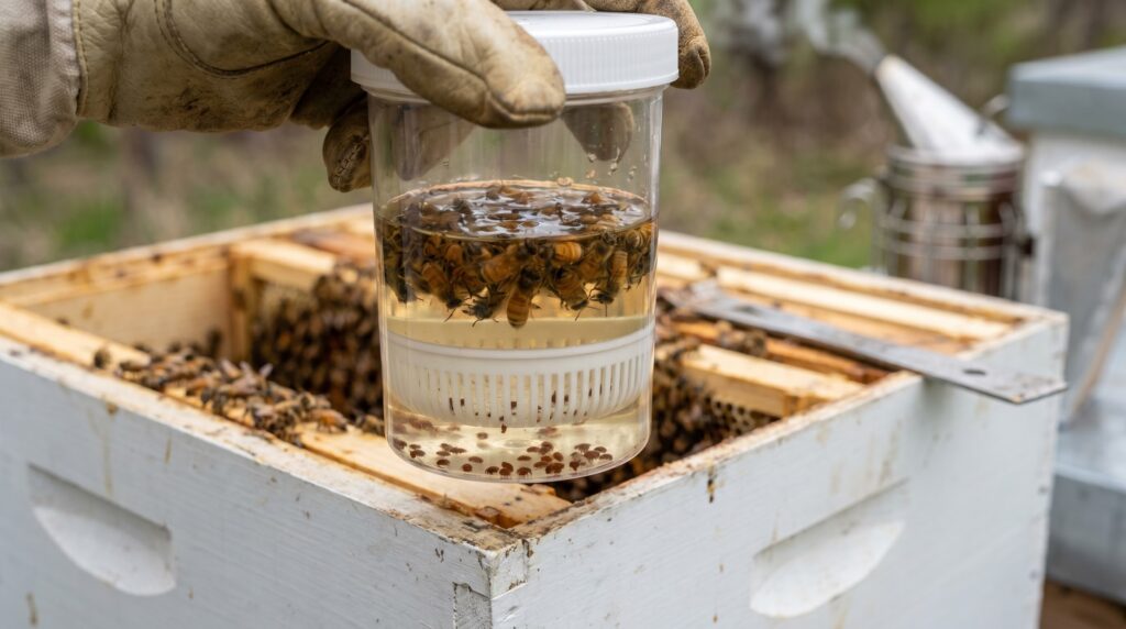 Alcohol wash varroa mite test jar showing counted mites dropped from a half-cup bee sample
