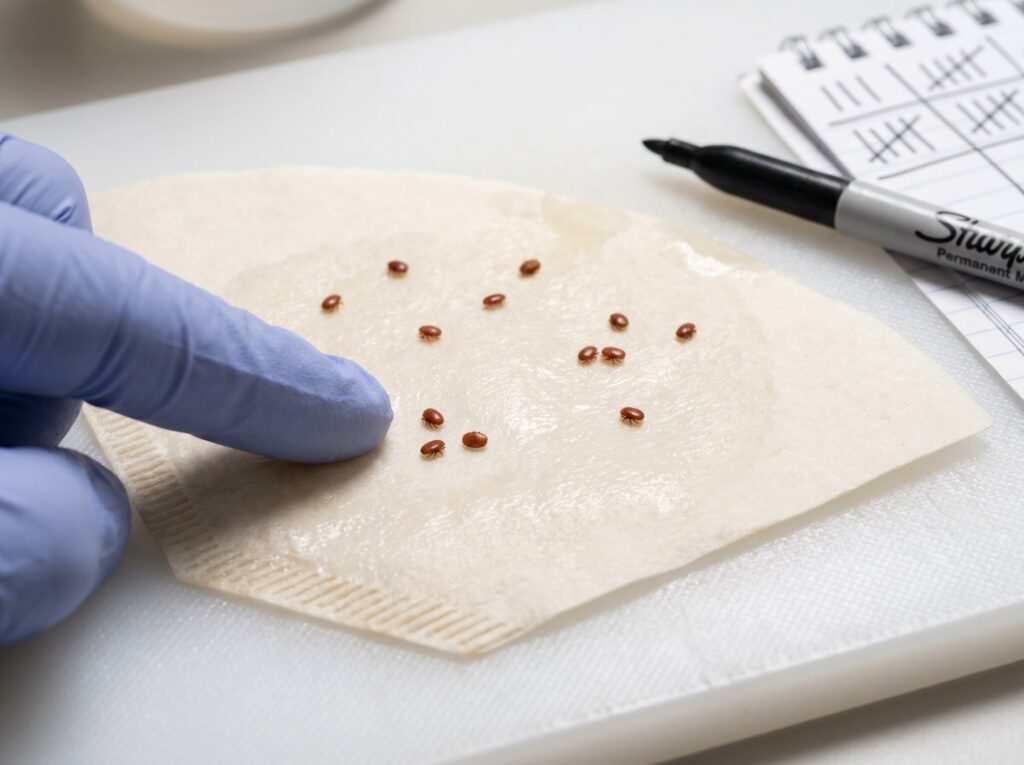 varroa mites counted on coffee filter after alcohol wash, red-brown ovals visible