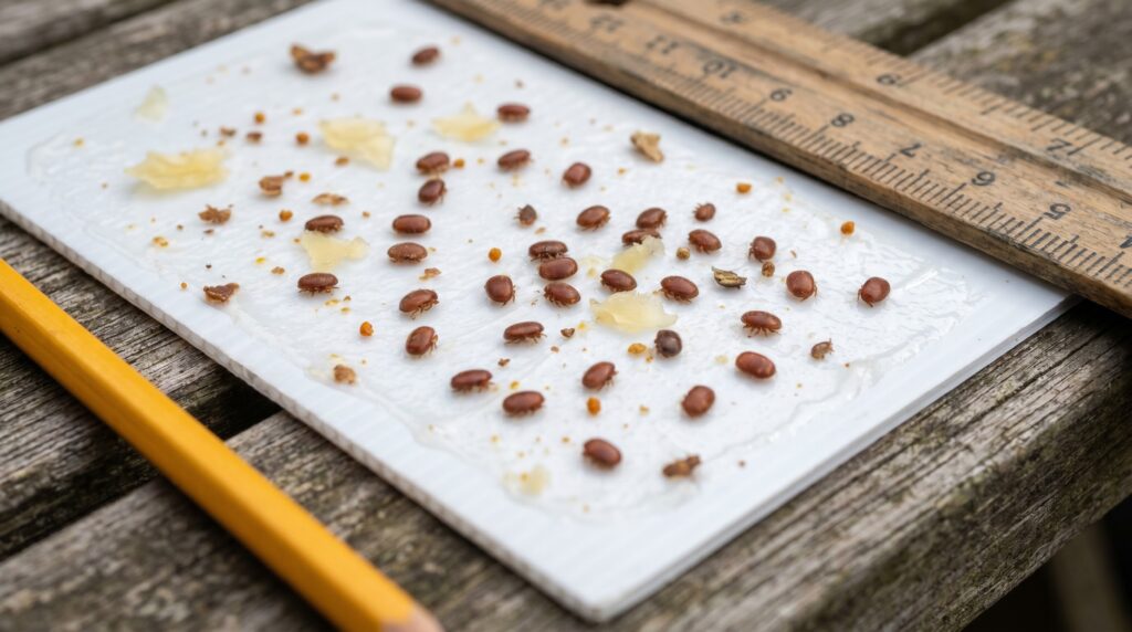sticky board with varroa mites visible after 24-hour natural mite drop count