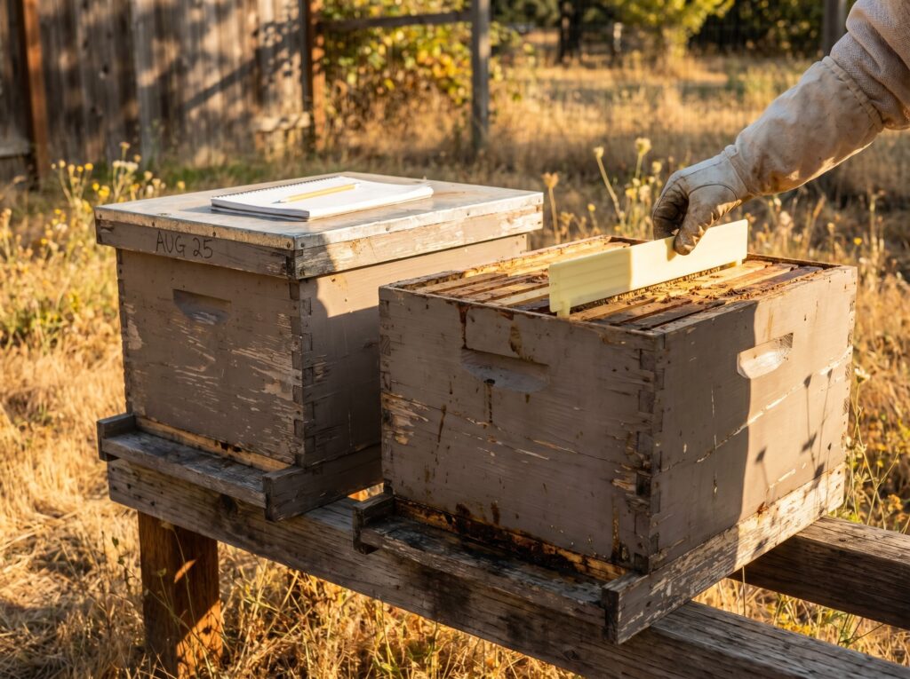 beekeeper placing varroa treatment strip in brood box during late-summer knockdown window