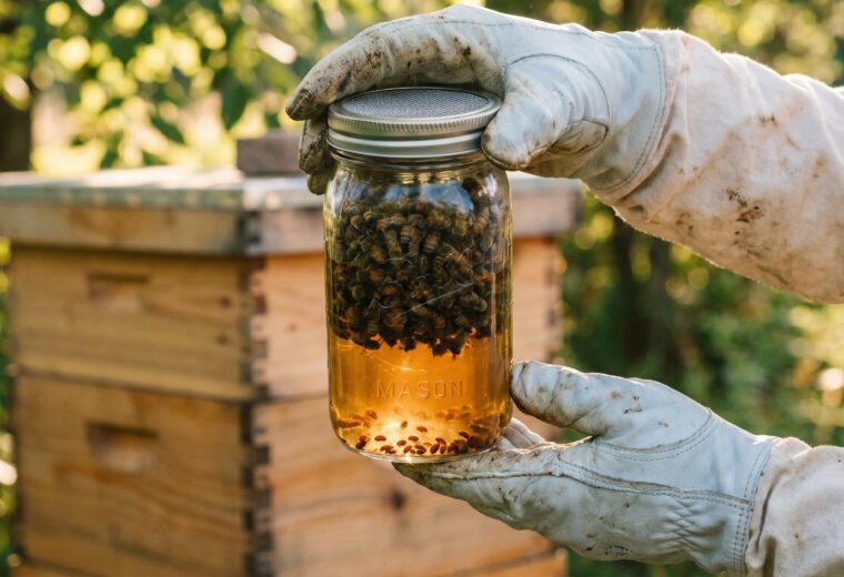beekeeper holding alcohol wash jar with varroa mites visible at bottom during mite count