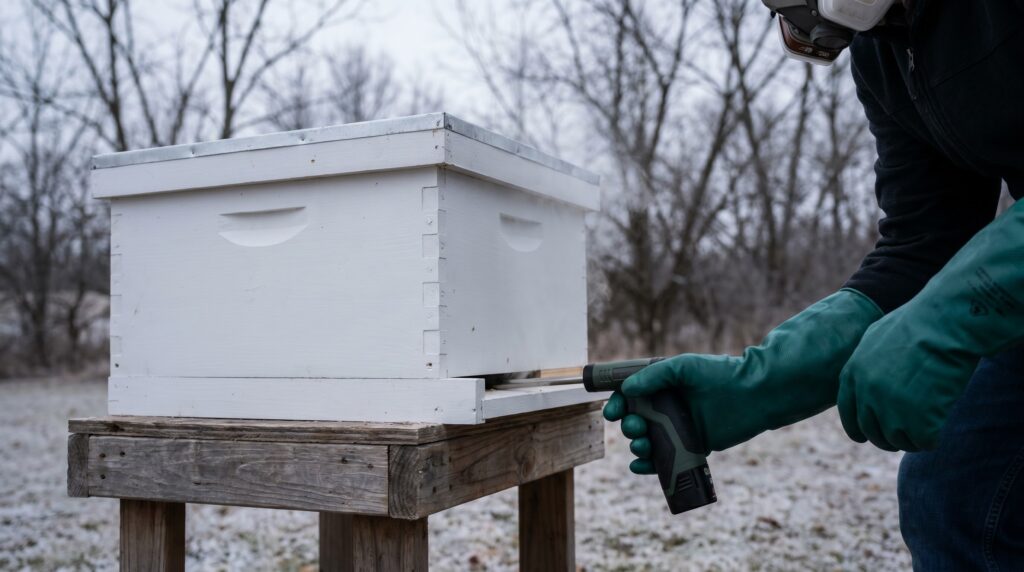 beekeeper applying oxalic acid vapor to a Langstroth hive in winter using a chemical-resistant glove and respirator
