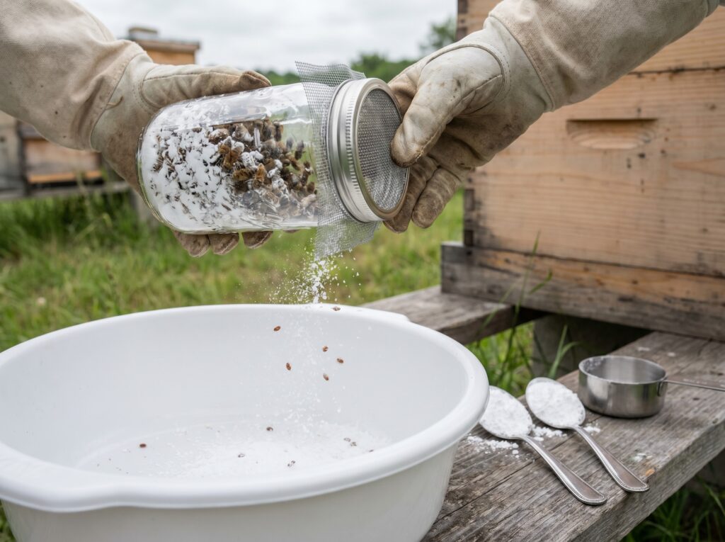 sugar roll varroa test jar with mesh lid and powdered sugar over white basin