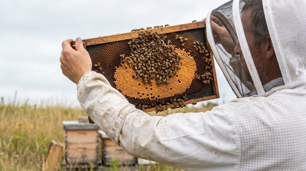 beekeeper holding brood frame up to light to inspect sealed cells for late summer varroa assessment