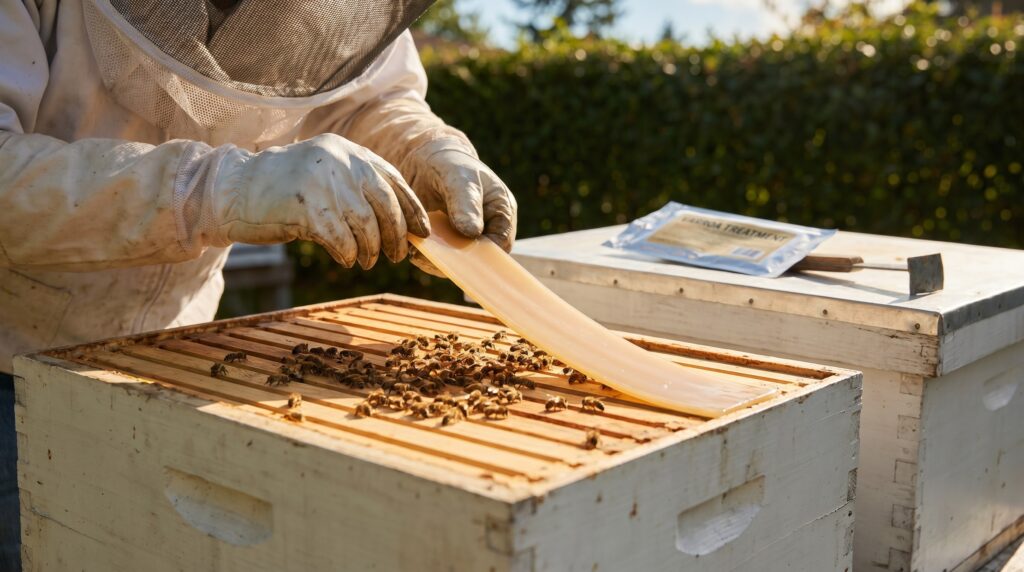 beekeeper placing a varroa treatment strip across the top bars of an open hive