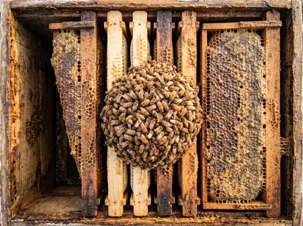 winter bee cluster centered on frames with capped honey visible but unreachable on side frames