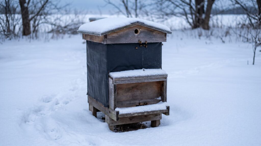 a wrapped beehive in snow with an upper vent showing how a winter cluster survives the cold